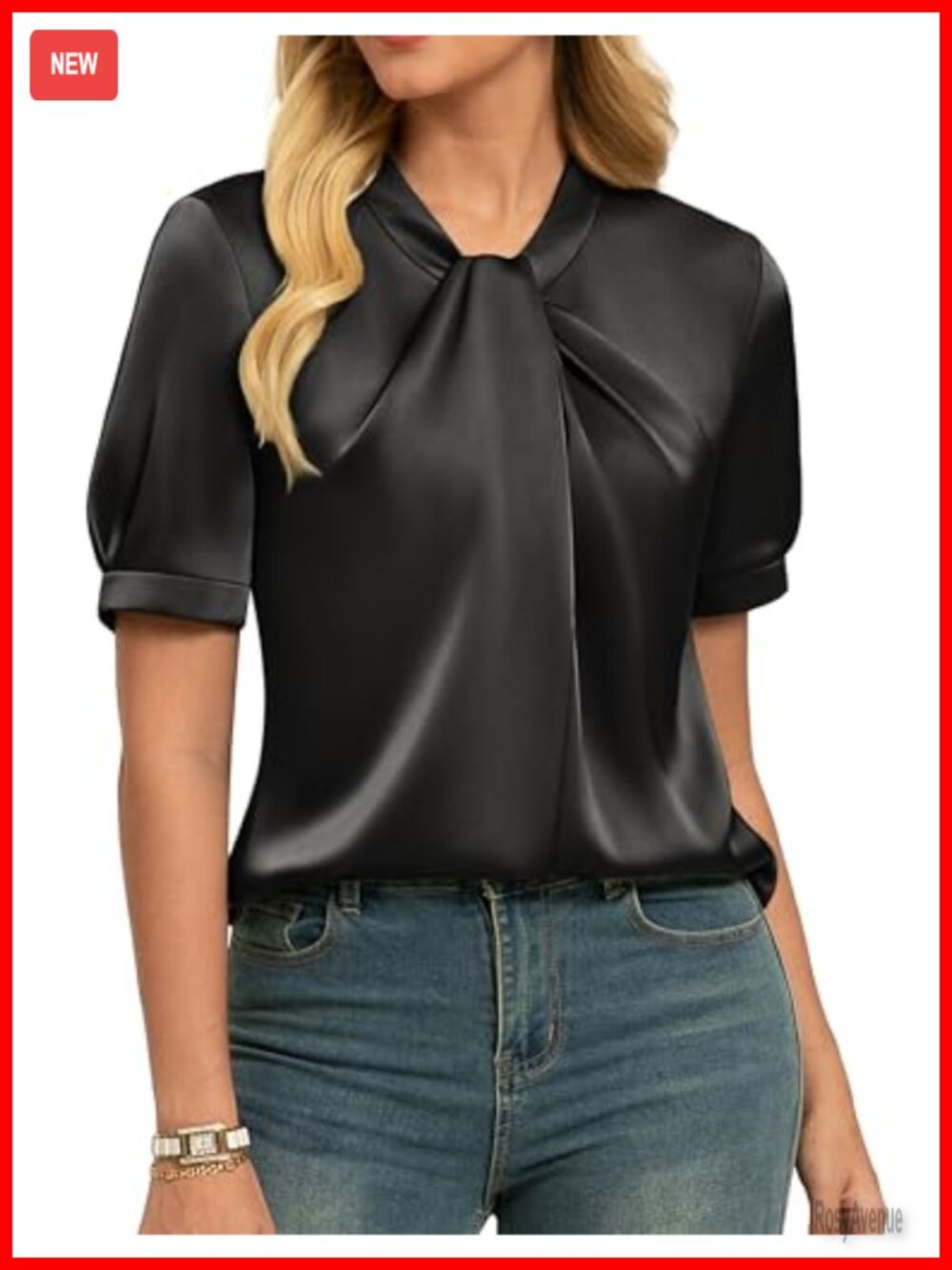 Satin Short Sleeve Blouse Mock Neck Work Office Business Casual Top